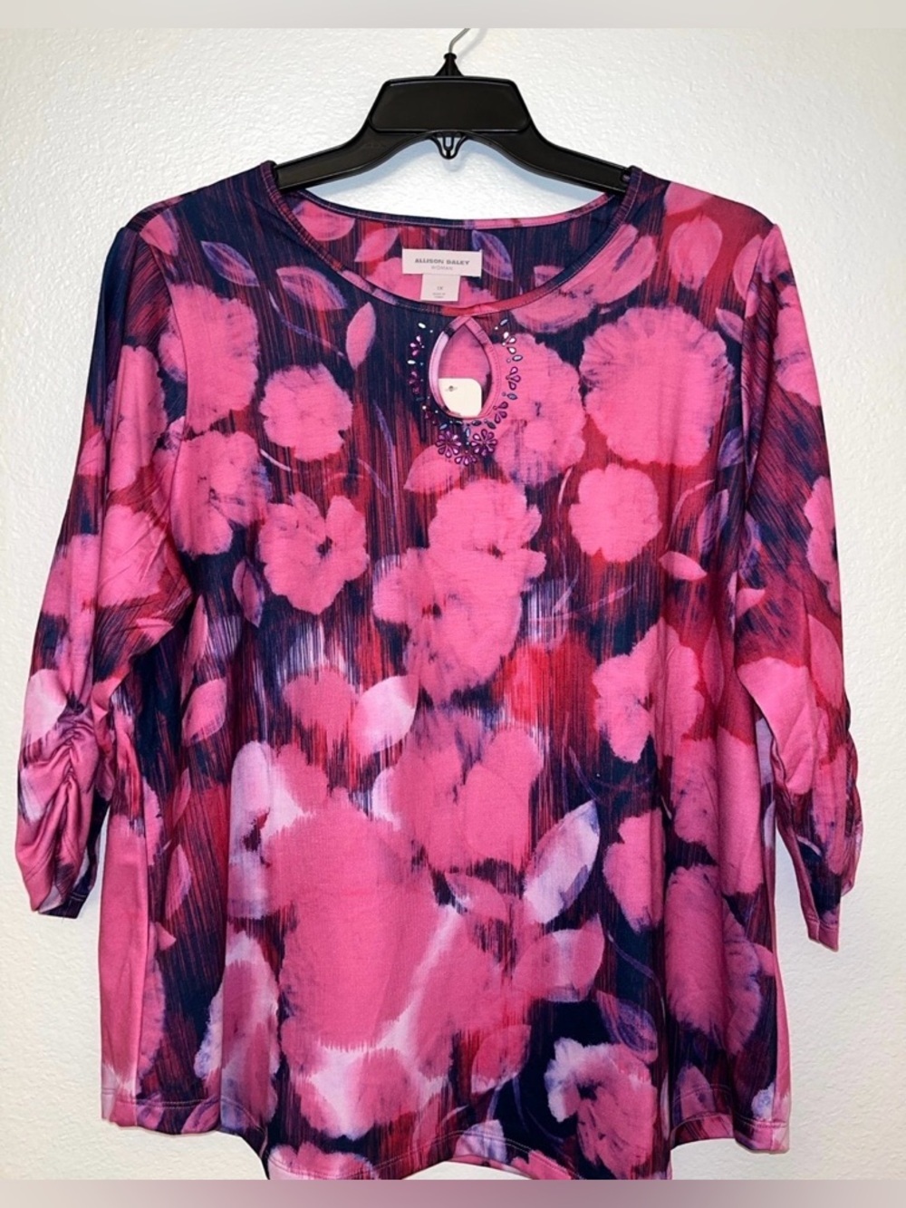 Allison Daley Pink & Navy Floral Keyhole Blouse Top